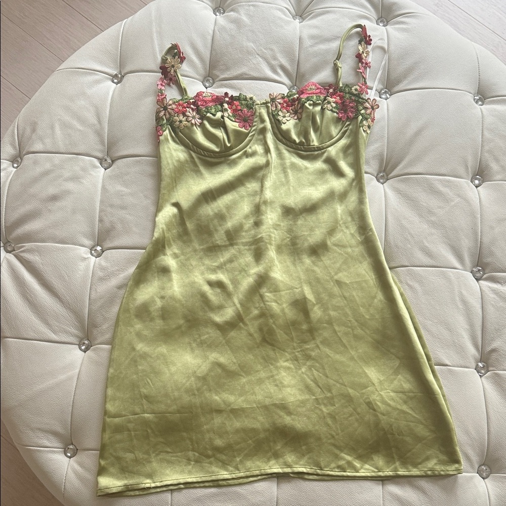 Green Satin Slip Dress with Floral Embroidery